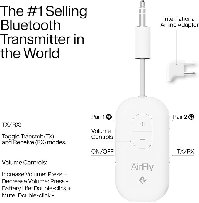 AirFly Pro 2 Deluxe – Bluetooth Adapter for Airplane, Pair 2 AirPods or Wireless Headphones – 3.5mm AUX Bluetooth Transmitter/Receiver for Cars, Boats, Treadmills, TVs – Airplane Travel Essentials