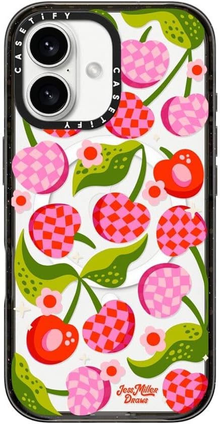 CASETiFY Impact Case for iPhone 16 [Slim / 8.2 ft. 4X Military Grade Drop Protection/Compatible with Magsafe] - Checkered Cherries - Clear Black