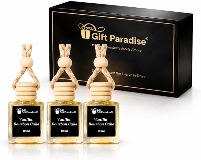Gift Paradise® Vanilla Bourbon Cake Car Air Freshener Set of 3 (10 ml Each) – Premium Hanging Diffuser with Magnetic Luxury Gift Box, Sweet Vanilla Cake & Warm Bourbon Scent, Long Lasting Car Perfume