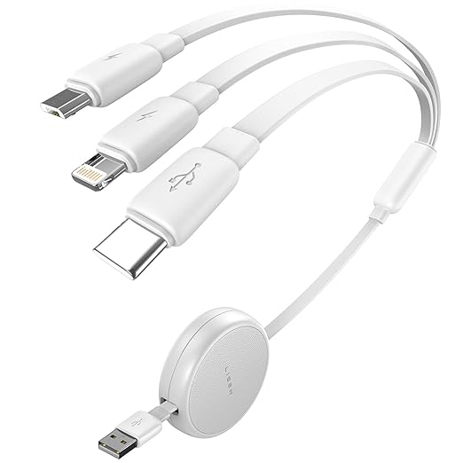 LISEN Multi Charging Cable, 3 in 1 Charging Cable, Retractable Car Charger with Type C/L/Micro USB Ports for iPhone 16 15 14 Pro Max/Samsung Galaxy S25/PS/Kindle, Multi Chargers for All Devices, White
