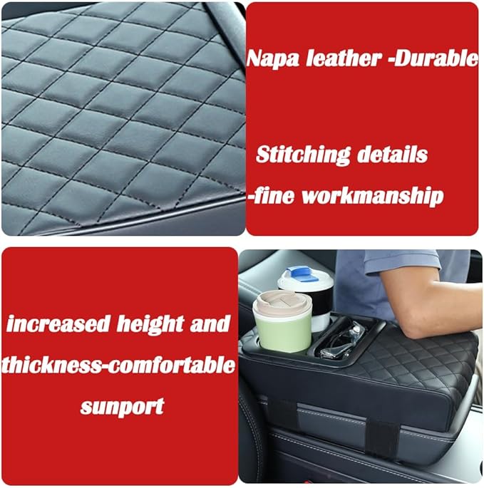 Supin Car Armrest Cushion - Multifunctional Faux Leather Armrest Cushion with Cup Holder, Phone Storage, and Ergonomic Design for All Seasons (BLack)
