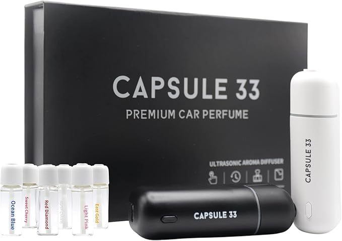 Car Perfume Starter Pack, Car Air Freshener, Ultrasonic Aroma Diffuser, 6 Fragrances (White Crystal, Red Diamond, East Gold, Ocean Blue, Sweet Cherry, Light Pink) (White)