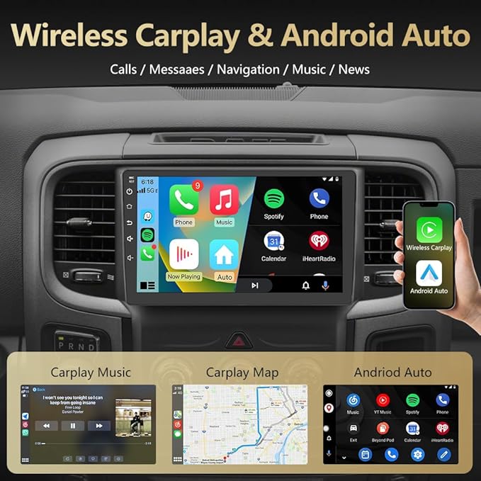 Android 13 Car Radio for Dodge RAM 1500 2500 3500 2013-2018 with Wireless CarPlay Android Auto, 9'' Touch Screen Radio Replacement 2G Ram 32G ROM(Only fit Manual AC)