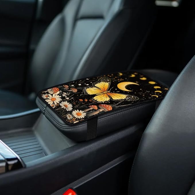 1pc Center Console Armrest Cover Pad 12.6x7.5 inch Butterfly Neoprene Car Armrest Cushion Waterproof Armrests Seat Box Cover Protector for Universal Cars Vehicles SUVs