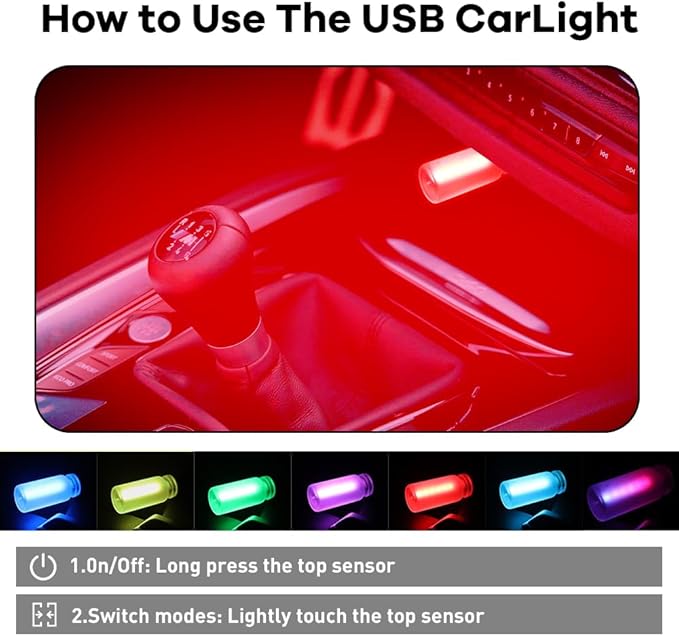 14 in 1 Modes Car USB Night Light, 7 Colors Touch Adjustment LED Ambient Lighting USB Automotive Interior Night Lamps, Mini LED Bulb for Car, Camping, Holiday Decoration, Bedroom, Party(4Pcs)