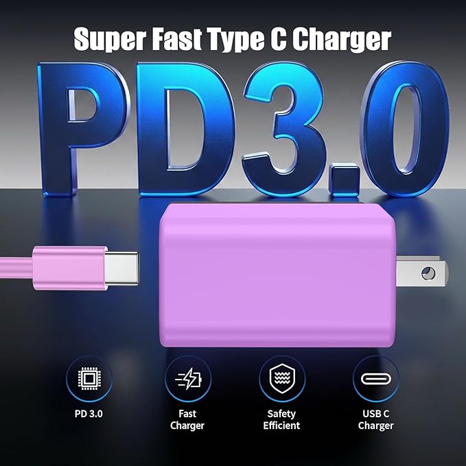 3Pack USB C Charger for Samsung Galaxy S24 Ultra, Super Quite Fast Charging Type C Block with 6FT C to C Cord for Samsung Galaxy Tab S9 S8 S23 Ultra S22 Ultra S23 S22 S21 Note 10 Plus 20,Purple