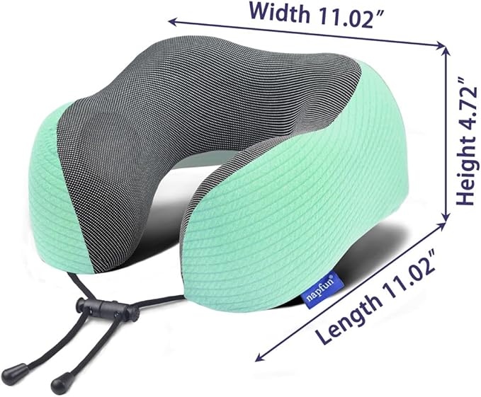 napfun Neck Pillow for Traveling, Upgraded Travel Neck Pillow for Airplane 100% Pure Memory Foam Travel Pillow for Flight Headrest Sleep, Portable Plane Accessories, Turquoise Striped Kit