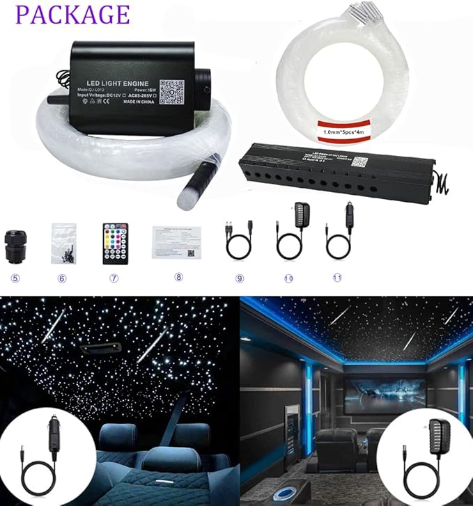 AZIMOM 16W Sound Activate Fiber Optic Starlight Headliner Kit 550pcs 0.03in 13.1ft Fiber Strands, Pure White Meteor Shooting Star Music Mode Remote APP Control Car Use Home Headliner Decor