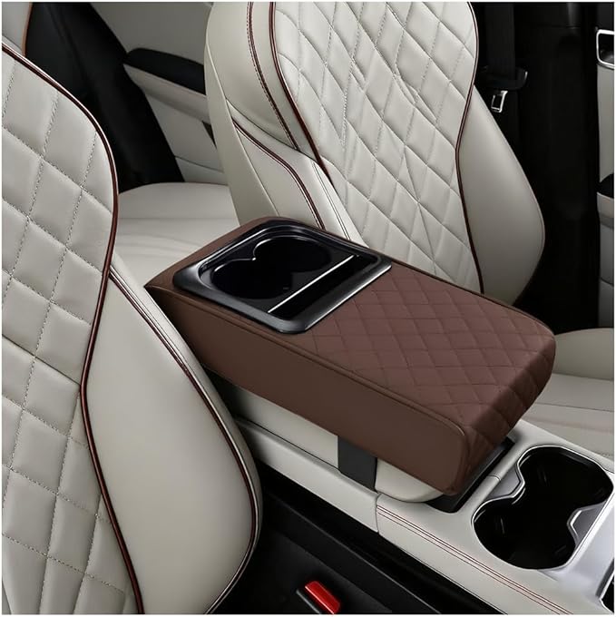 Car Center Console Armrest Pillow, Vehicle Armrest Seat Box Cushion Pad with Cup Holder & Phone Holder, Comfortable Auto Middle Console Cover, Universal for SUV RV Truck (Diamond, Coffee)