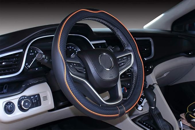Mayco Bell Small Size Steering Wheel Cover Anti-Slip,Safety,Soft,Breathable,Durable,Full Surround,Comfortable Grip Microfiber Leather (14-14.25 inch, Black Orange)