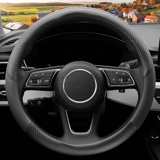 Car Steering Wheel Cover, Soft Microfiber Leather, Universal Fit 15 Inch, Breathable Anti-Slip for Cars, SUVs, Vehicles, Sedans, Trucks, Vans (Black)