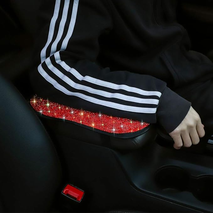 OTOSTAR Bling Bling Car Armrest Cover Luster Crystal Car Center Console Cover Protector Universal Auto Arm Rest Cushion Pads Car Interior Decor Accessories (Red)