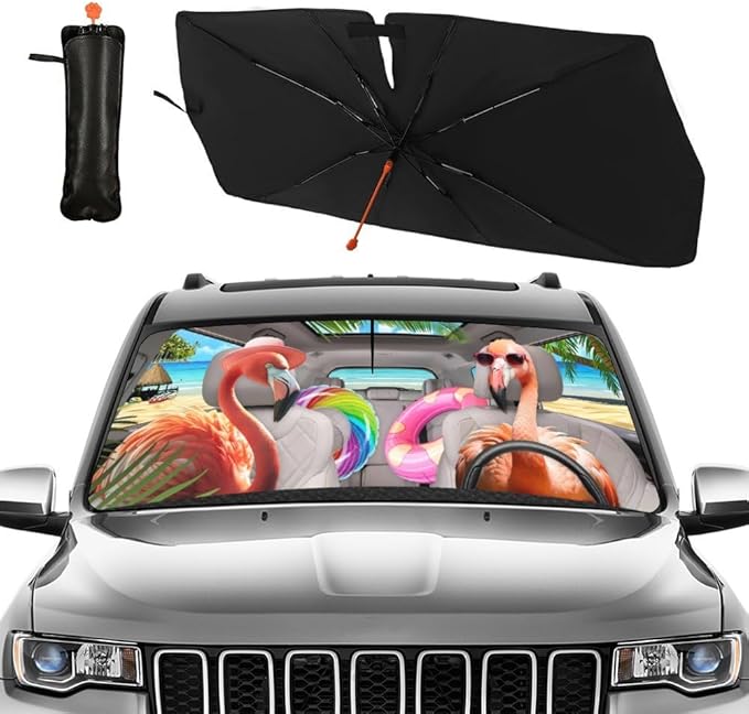CHILL·TEK Funny Animal Car Windshield Sun Shade Umbrella, Cute Flamingo Car Sun Shade Umbrella, Block UV Rays Heat Foldable Windshield Umbrella Sun Visor Protector - Keep Vehicle Cool for Cars SUV
