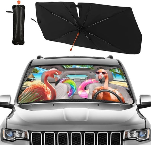 CHILL·TEK Funny Animal Car Windshield Sun Shade Umbrella, Cute Flamingo Car Sun Shade Umbrella, Block UV Rays Heat Foldable Windshield Umbrella Sun Visor Protector - Keep Vehicle Cool for Cars SUV
