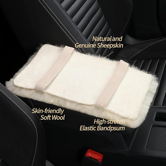 Sheepskin Armrest Cover Auto Center Armrest Cover Car Soft Console Pad, Fluffy Wool Auto Center Console Cover for Most Car Arm Rest Decoration Protector 7 x 13 Inch (Shearling, Ivory White)