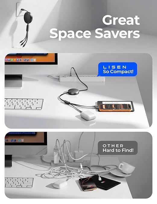 LISEN Multi Charging Cable, 3 in 1 Retractable Charging Cable, Retractable Car Charger with Type C/L/Micro USB Ports for iPhone 17 16 15 14 Pro/Samsung Galaxy S25/Kindle, Car Accessories for Women