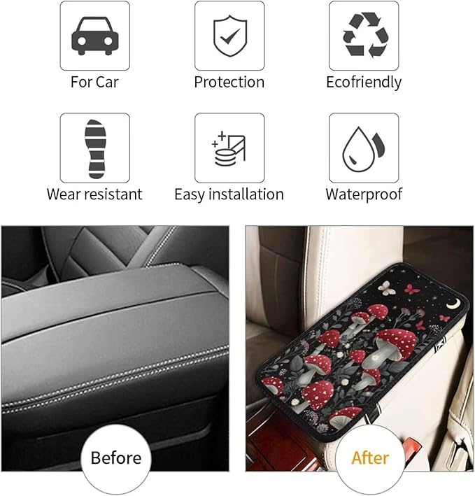 Car Center Console Armrest Cover Cute Mushroom Arm Rest Box Lid Cushion Pad Fantasy Butterfly Middle Console Arm Rest Covers Accessories