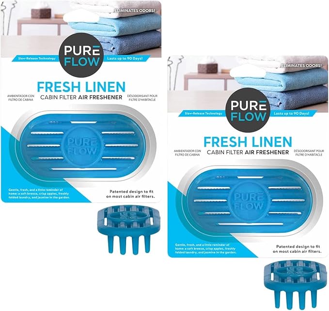 PUREFLOW Cabin Filter Air Freshener with Odor Eliminator - Fits on Most Car, Truck, and SUV Cabin Air Filters - Fresh Linen (Pack of 2)