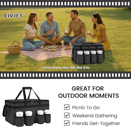 CIVJET Insulated Food Delivery Bag with 4 Cup Holders, XX-Large Insulated Grocery Bags Keep Food Hot/Cold, Cooler Bags with Drink Carrier, Food Carrier Catering Bag, Commercial Food Warmers, Black