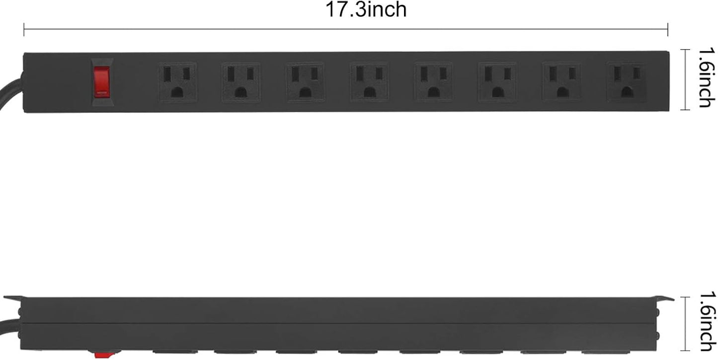 2Pack Metal 8 Outlet Mountable Power Strip, Wall Mount Outlet Heavy Duty, Wide Spaced Commercial Shop Power Strip with Switch, 3 FT SJT 14AWG Power Cord.