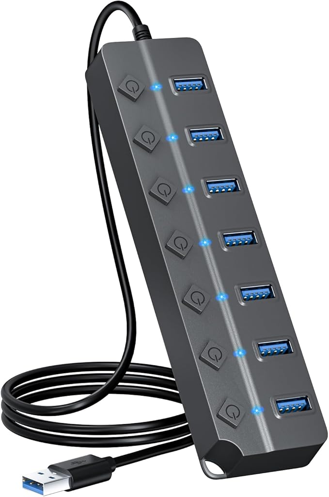 ONFINIO USB Hub 3.0, 7-Port USB Hub Splitter with Individual On/Off Switches and Lights, 3.2ft/1m Long Cable Compatible with MacBook, Laptop, Surface Pro, PS4, PC, Flash Drive, Mobile HDD-Gray