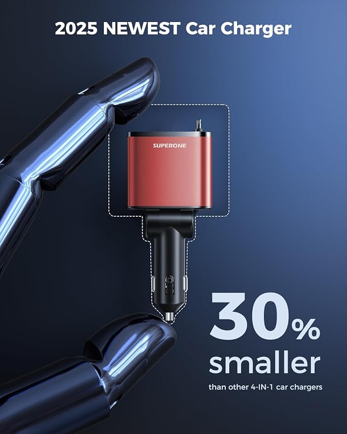 [Upgraded] 4 in 1 Retractable Car Charger, SUPERONE Smaller Fast Car Phone Charger 69W with Cord, USB C and iPhone Car Charger Adapter, Compatible iPhone 17/17 Pro Max/16/15/14/13/12/11, Sumsung