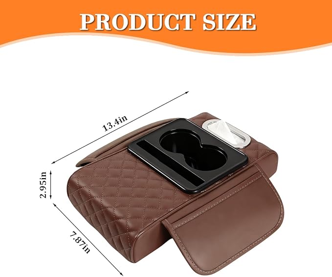Car Armrest Cushion, 5-in-1 Nappa Leather Vehicle Centre Console Cover with 2 Storage Pockets, Cup Phone & Phone Holder, Multifunctional Auto Organiser Accessories, Universal Fit (Coffee)