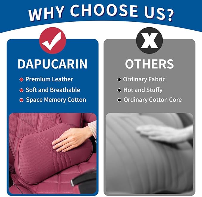 Lumbar Support Pillow for Car Seat, Office Chair Nappa Leather Memory Foam Lower Back Cushion for Back Pain Relief Improve Posture, Ergonomic Back Rest for Gaming Chair, Red, 1PC
