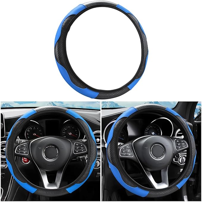 Car Steering Wheel Cover, Microfiber PU Leather Elastic Carbon Fiber Auto Steering Wheel Protector, 15 Inch Breathable Anti-Slip for Women Men, Car Interior Accessories for Most Cars (Black/Blue)