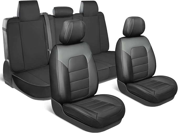 Deluxe Edition Napa Leather Seat Covers Full Set – Black & Gray Car Seat Covers Front Seats and Back Car Seat Protector, Waterproof and Universal Fit for Most Small to Mid Size Truck & SUVs