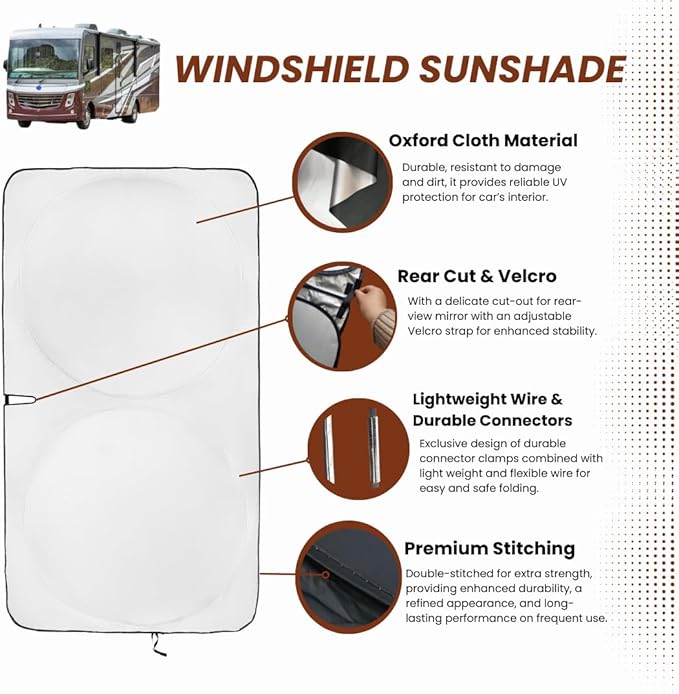 RV Windshield Sun Shade | fits Class-A | Certified 99.87% UVB & 99.02% UVA Protection Sun Shade. Award Winning Sunshade for Car Windshield with Patented Technology. Car Window Shades by Kinder Fluff