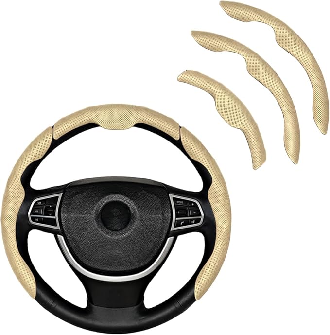 3PCS Car Steering Wheel Cover, Nappa Leather Breathable Non-Slip Segmented Steering Wheel Protector, Snap-on Auto Interior Decoration Accessories, Universal Fit (Beige)