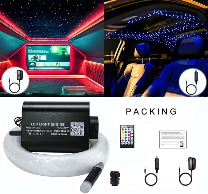 AZIMOM Bluetooth 16W RGBW Fiber Optic Lights Star Ceiling Lighting Kits 450pcs 0.03in 9.8ft Music Sound Activated APP Remote Control Car Home Headliner Decor