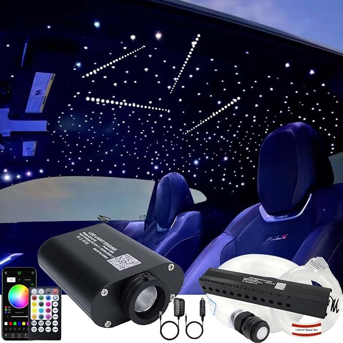AZIMOM 16W Sound Activate Fiber Optic Starlight Headliner Kit 550pcs 0.03in 13.1ft Fiber Strands, Pure White Meteor Shooting Star Music Mode Remote APP Control Car Use Home Headliner Decor