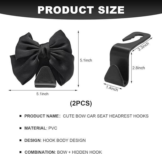 2 PCS Car Back Seat Headrest Hooks, Cute Bow Vehicle Backseat Storage Headrest Hanger, Car Organizer Hooks for Handbag Clothes Grocery Bags, Car Interior Accessories