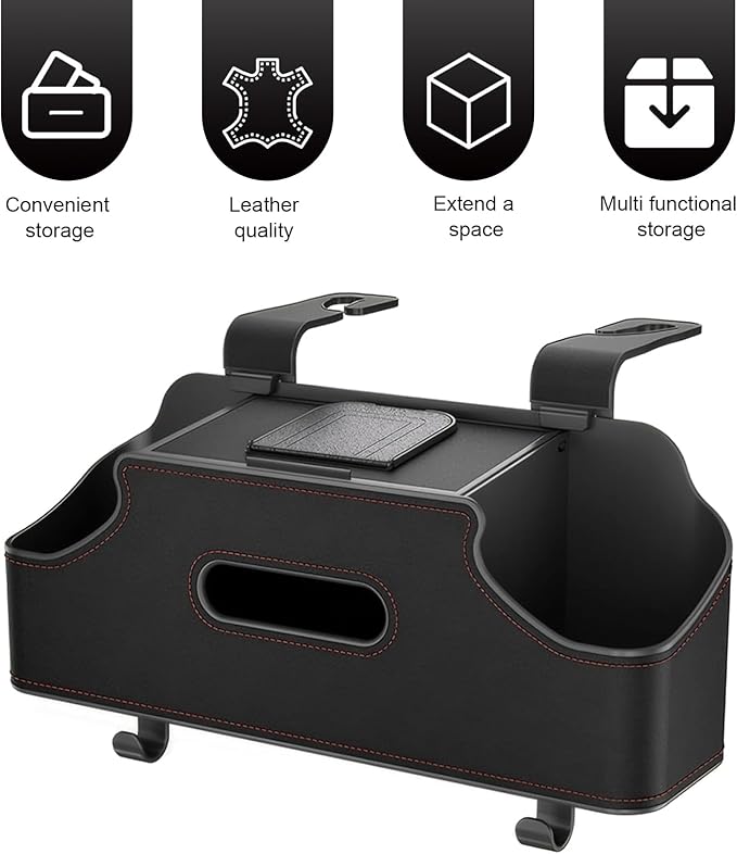 1 PC Backseat Organizer with Dual Cup Holder, Multi-function Tissue Hanging Box and 2 Hooks, Extra Rear Seat Road Trip Storage Accessories, Universal for Most Cars, Trucks, SUVs (Black)