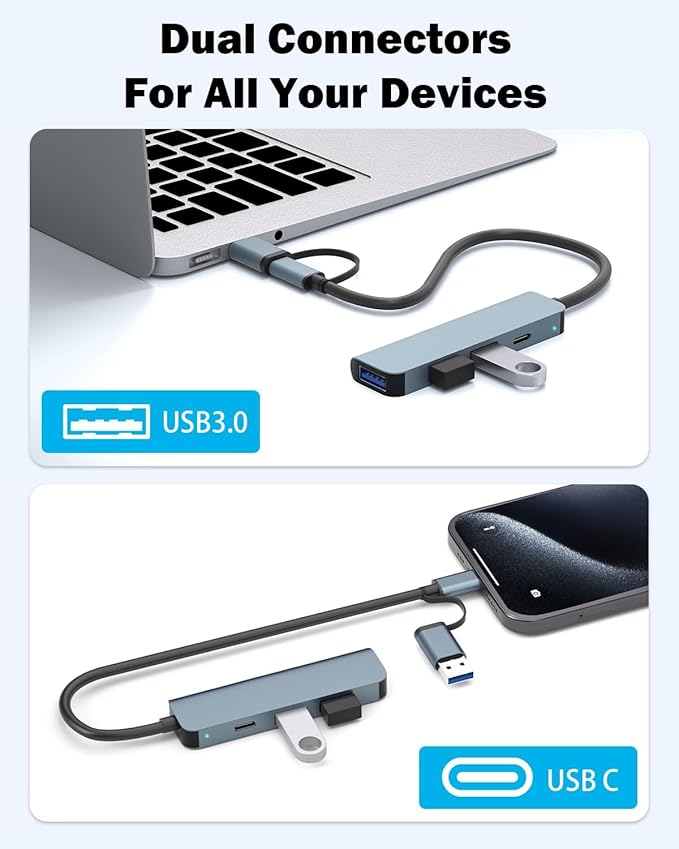 4-Port USB Hub with Type-C, USB 3.0 Data Hub Ultra-Slim Aluminum USB C Hub, 5Gbps Transfer Speed Multiple Ports Splitter for iPhone 17 16, Samsung, MacBook,PC,Laptop,iPad, Flash Drive,HDD