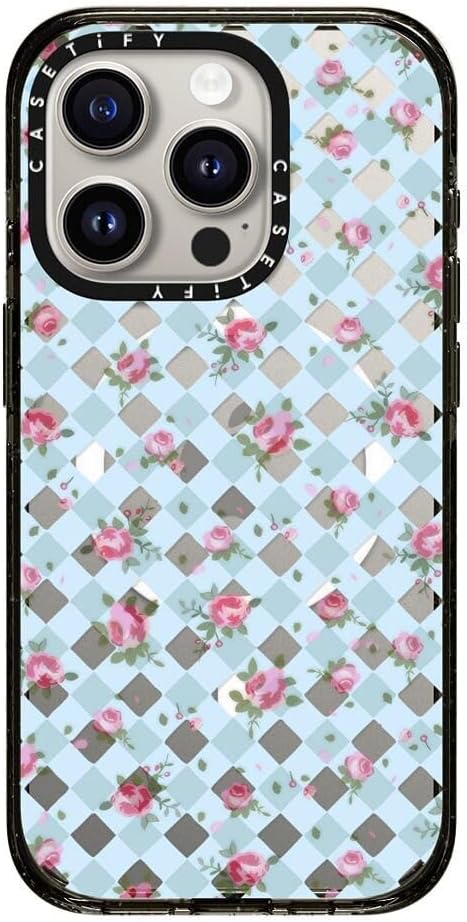 CASETiFY Impact Case for iPhone 15 Pro [8.2ft 4X Military Grade Drop Protection/Compatible with Magsafe] - Floral Gingham - Blue - Clear Black