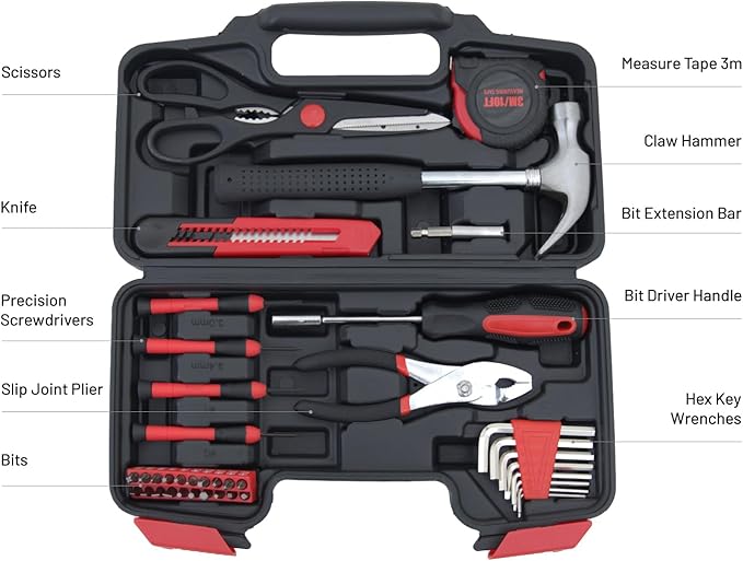 Hantinstom 39-Piece Household Tools Kit Essential Home Repair Set with Plastic Toolbox Ideal for College Students, Home Use & More