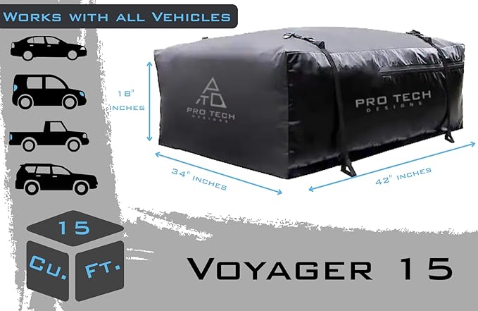 Voyager 15 Cubic Feet Waterproof Rooftop Cargo Roof Bag, No Roof Rack Needed UV-Protected PVC Semi-Coated Mesh, Welded Seams, Water Seal Zipper, 42" L x 34" W x 18" H
