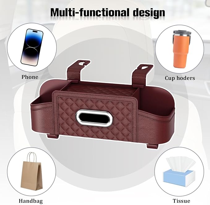 Car Backseat Organizer, 4-in-1 Multifunctional Vehicle Seat Back Tissue Box with Cup Holder & Hook, Auto Backseat Hanging Storage Box for Bag Phone Drink, Universal for Vehicles (Wine Red)