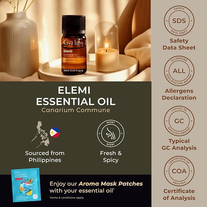 100% Pure Elemi Essential Oil - 0.34 Fl Oz - Elemi Oil for Hair, Skin, Diffuser, Aromatherapy & DIY Candle Making Scent