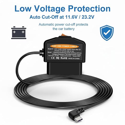 OBD2 Power Cable for Dash Camera, Type-C OBD Adapter with 24-Hour Parking Mode, Acc Mode, Low Voltage Protection, 11.48FT Cable for Dash Cams, GPS, DVR, and More, 12V-36V to 5V/3A