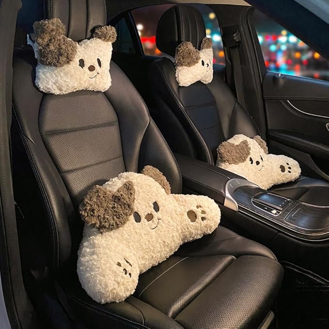 Car Headrest and Lumbar Support for Driving Cute Dog Car Headrest Pillow Head Neck Support Girl-Style Interior Decor