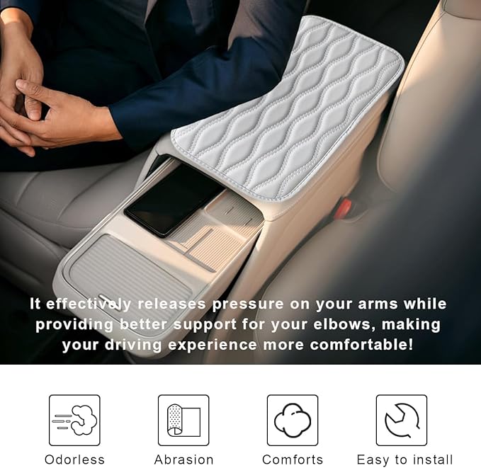 Car Center Console Cushion Pad, 12.48×7.40 Inches Waterproof Car Armrest Seat Box Cover, Comfortable PU Leather Vehicle Armrest Cover Protector, Car Decor Interior Accessories (White)
