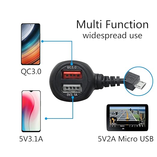 Dash Cam Micro USB Power Cable 11FT, Right Angle 90 Degree Micro USB with Dual USB Port Fast Power Supply, for 12V-24V Car and Truck Dash Cam, GPS Navigator, MP3 Player and Other USB Devices