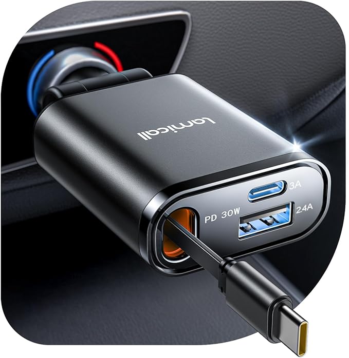 Lamicall Car Charger USB C Compatible with iPhone 17 16 15 Fast Charging [Ultra-Compact, 60% Less Space] 57w Type C Retractable Car Charger Fit Samsung Galaxy S25 S24 Ultra Pixel Android - Black