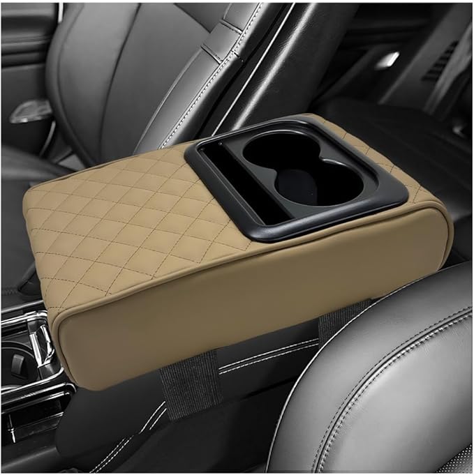 Car Center Console Armrest Pillow, 14"×8.3" Waterproof Leather Armrest Box Cover with Cup and Phone Holder, Soft Memory Foam Arm Rest Console Pad Protector for SUV Truck (Beige, Embroidery)
