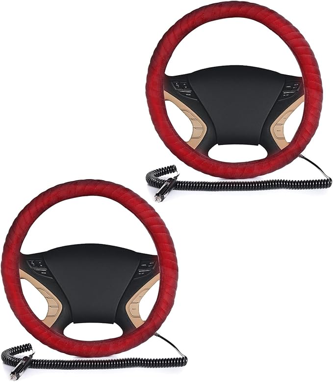 VaygWay Car Heated Steering Wheel Cover - 12v Black Soft Plush Warmer Car Steering Wheel Heater - Premium Quality 15" Auto Comfortable Steering Wheel Cover Protector Warmer for Vehicle- 2 Pk