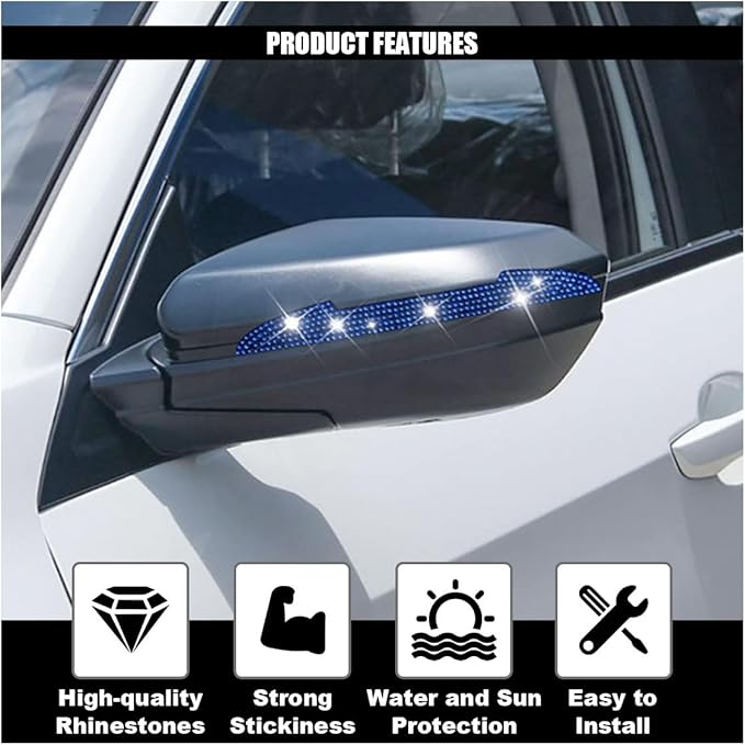 4PCS Bling Car Door Handle Scratch Protector, Crystal Rhinestone Sticker Car Door Edge Guard, Side Rearview Mirror Anti-Collision Strip, Exterior Accessories for Women Men (Blue)